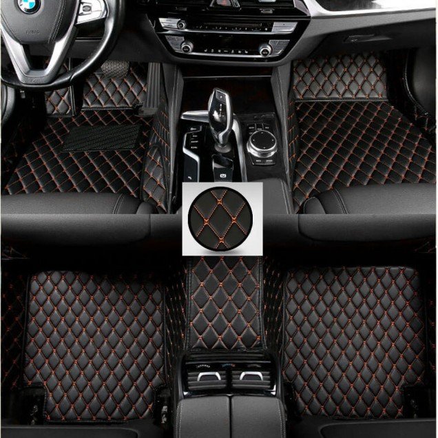 Shop Black and Orange Stitching Luxury Leather Diamond Car Floor Mats UK Shop Black and Orange Stitching Luxury Leather Diamond Car Floor Mats UK