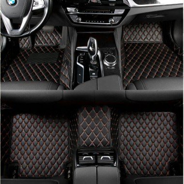 Shop Black and Orange Stitching Luxury Leather Diamond Car Mats UK
