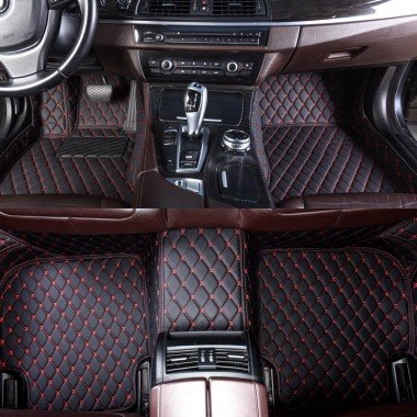 Shop Black and Red Stitching Luxury Leather Diamond Car Floor Mats UK