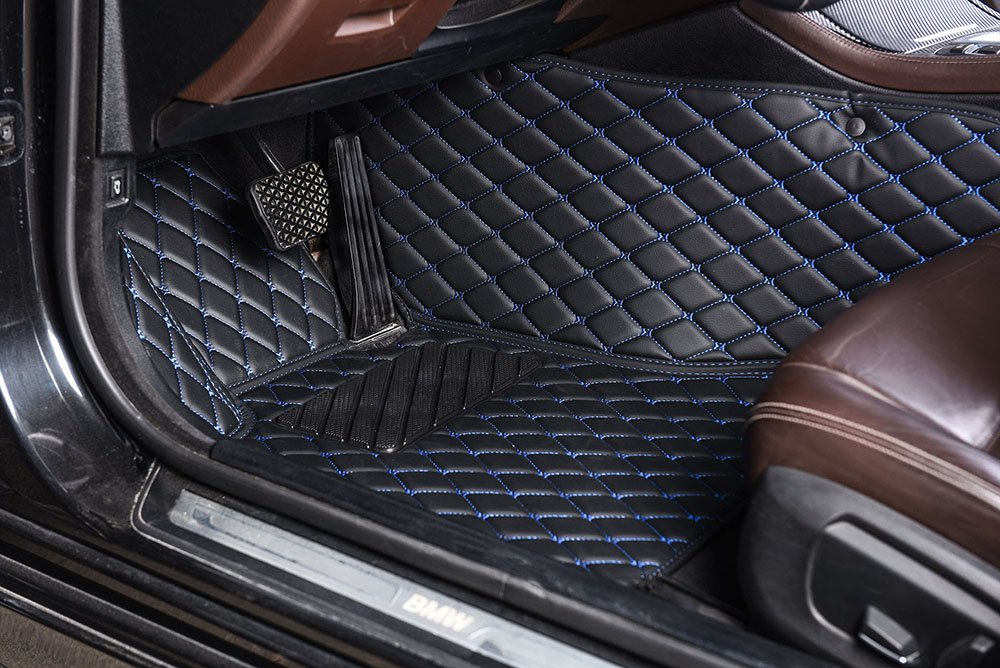 Shop Black and Blue Stitching Luxury Leather Diamond Car Mats UK