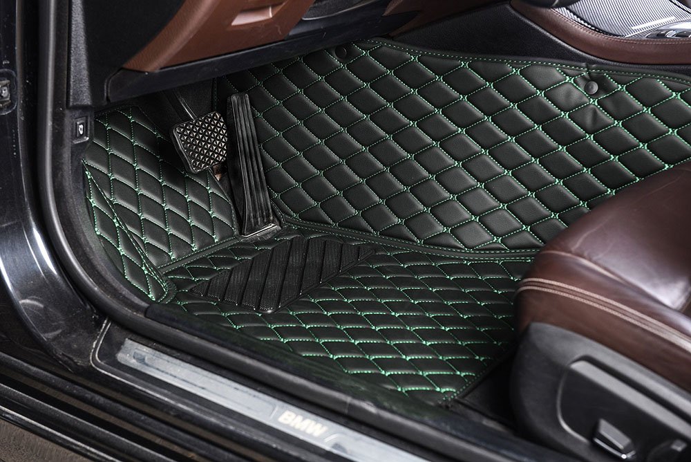 Shop Black and Green Stitching Luxury Leather Diamond Car Mats UK