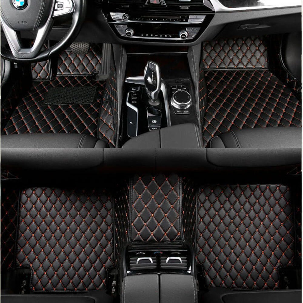 Shop Black and Orange Stitching Luxury Leather Diamond Car Mats UK