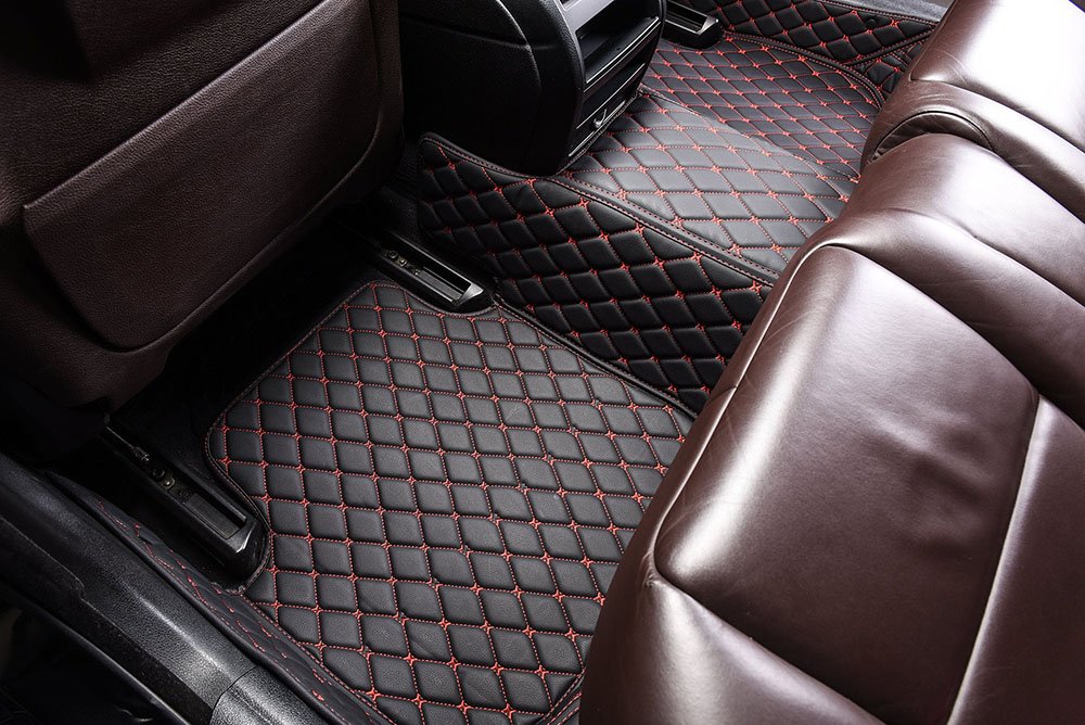 Shop Black and Red Stitching Custom Diamond Car Mats UK