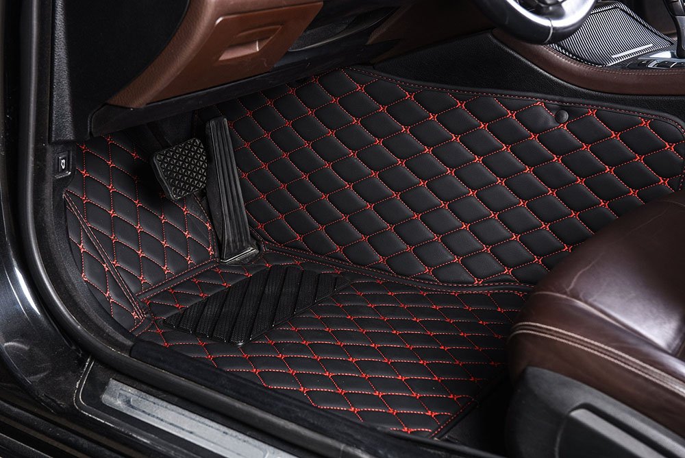 Shop Black and Red Stitching Luxury Leather Diamond Car Mats UK
