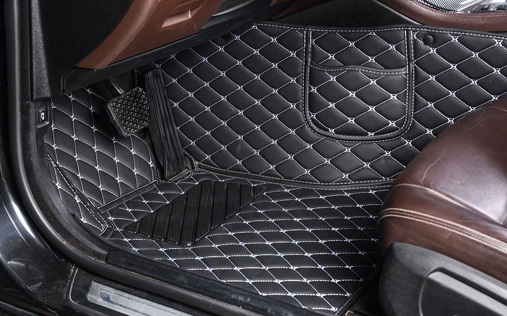 Shop Black and White Stitching Luxury Leather Diamond Car Mats UK